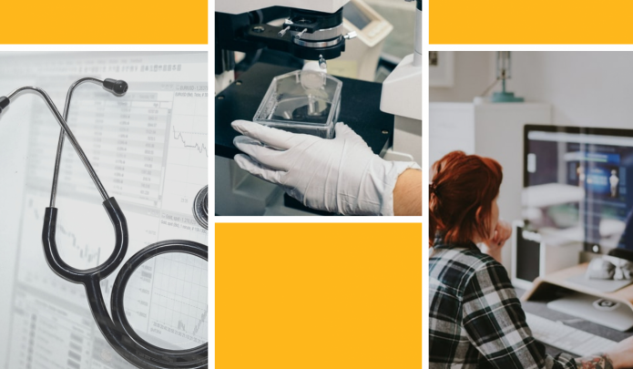 Collage of images of stethoscope, microscope, and woman at computer